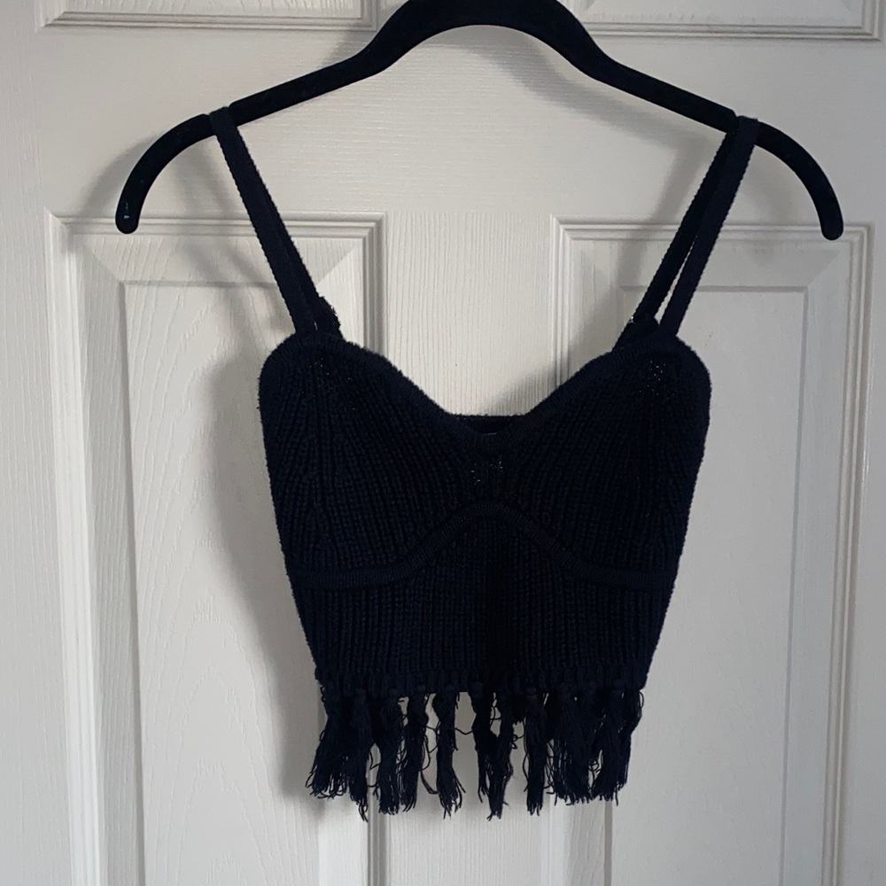 Crop Black Fringe Knit Top